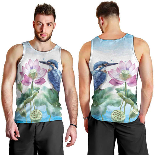 Australia Azure Kingfisher Men Tank Top Ceyx Azureus Sacred Lotus Watercolor - Aussie Hoodie