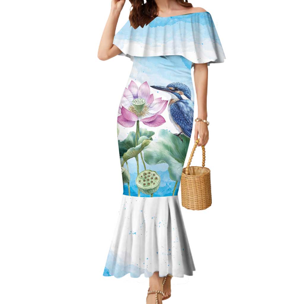 Australia Azure Kingfisher Mermaid Dress Ceyx Azureus Sacred Lotus Watercolor - Aussie Hoodie