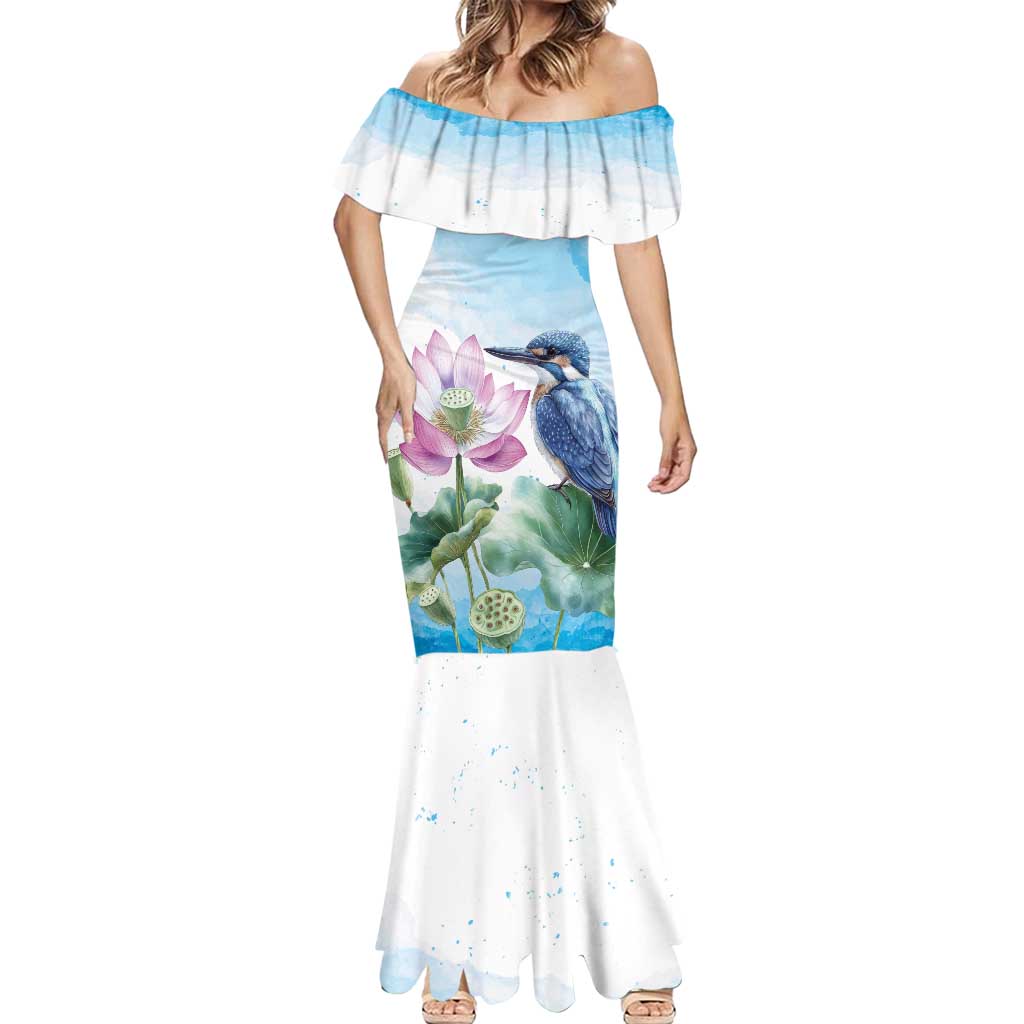 Australia Azure Kingfisher Mermaid Dress Ceyx Azureus Sacred Lotus Watercolor - Aussie Hoodie