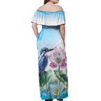 Australia Azure Kingfisher Off Shoulder Maxi Dress Ceyx Azureus Sacred Lotus Watercolor - Aussie Hoodie