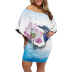 Australia Azure Kingfisher Off Shoulder Short Dress Ceyx Azureus Sacred Lotus Watercolor - Aussie Hoodie