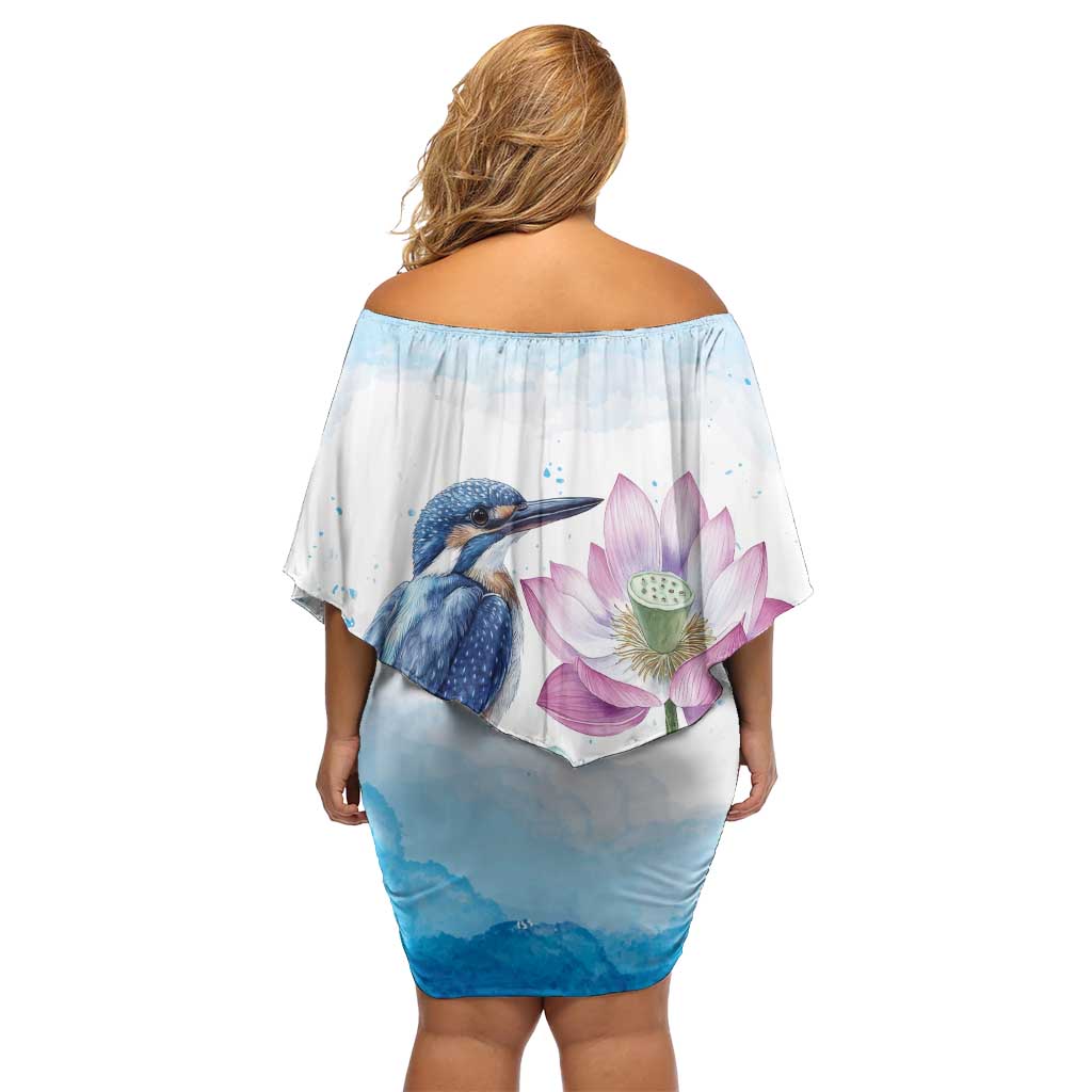 Australia Azure Kingfisher Off Shoulder Short Dress Ceyx Azureus Sacred Lotus Watercolor - Aussie Hoodie