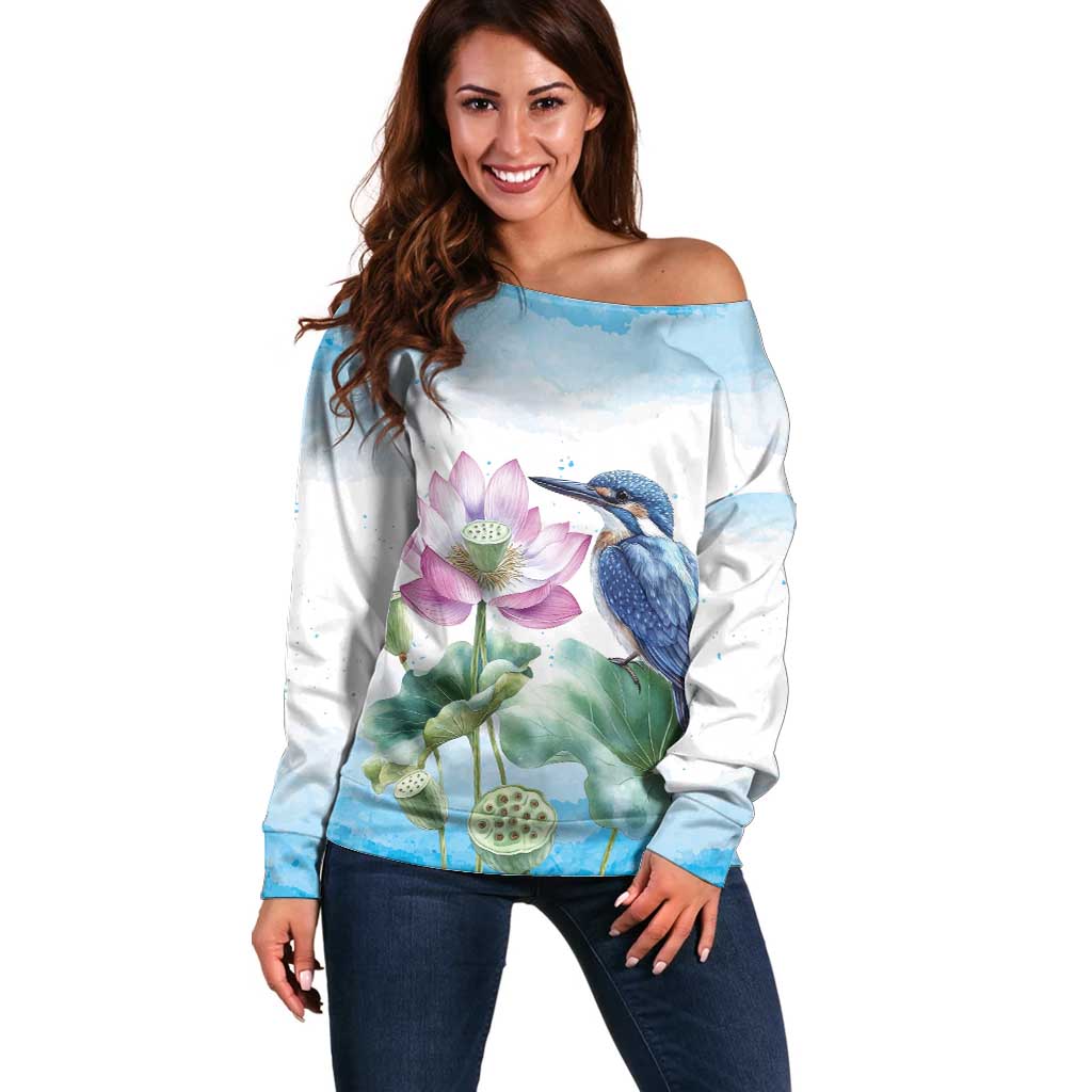 Australia Azure Kingfisher Off Shoulder Sweater Ceyx Azureus Sacred Lotus Watercolor - Aussie Hoodie