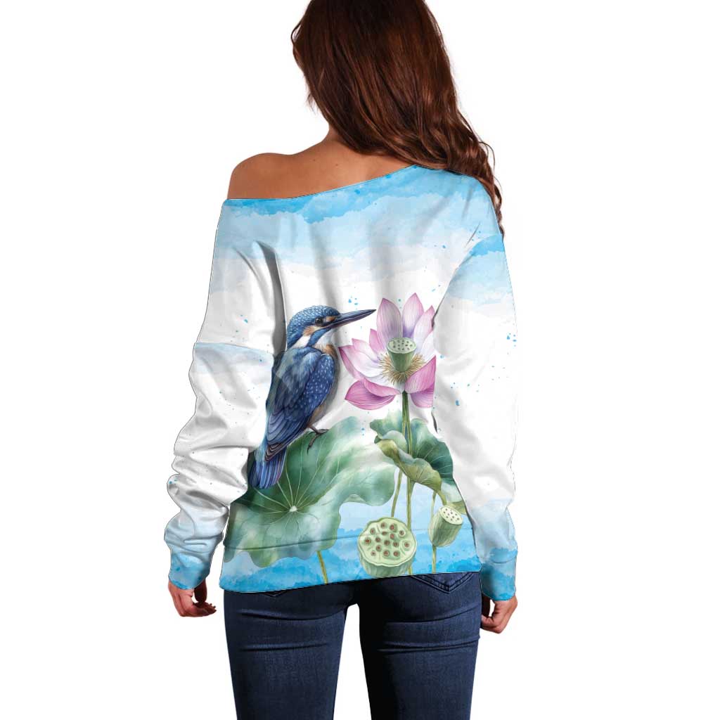 Australia Azure Kingfisher Off Shoulder Sweater Ceyx Azureus Sacred Lotus Watercolor - Aussie Hoodie