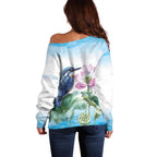 Australia Azure Kingfisher Off Shoulder Sweater Ceyx Azureus Sacred Lotus Watercolor - Aussie Hoodie