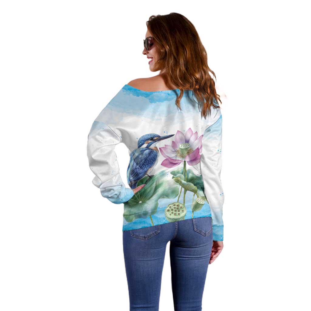 Australia Azure Kingfisher Off Shoulder Sweater Ceyx Azureus Sacred Lotus Watercolor - Aussie Hoodie
