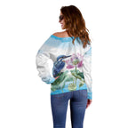 Australia Azure Kingfisher Off Shoulder Sweater Ceyx Azureus Sacred Lotus Watercolor - Aussie Hoodie