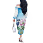 Australia Azure Kingfisher Off The Shoulder Long Sleeve Dress Ceyx Azureus Sacred Lotus Watercolor - Aussie Hoodie