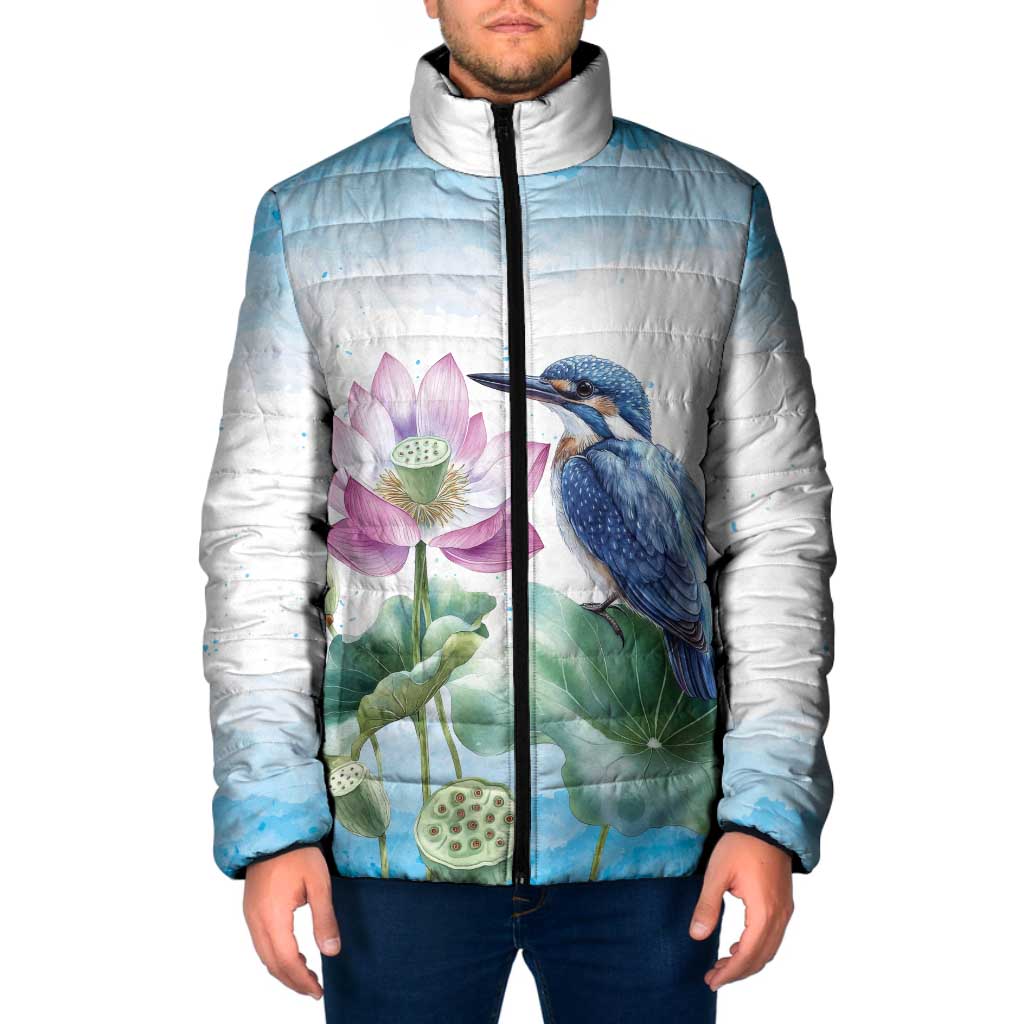 Australia Azure Kingfisher Padded Jacket Ceyx Azureus Sacred Lotus Watercolor - Aussie Hoodie