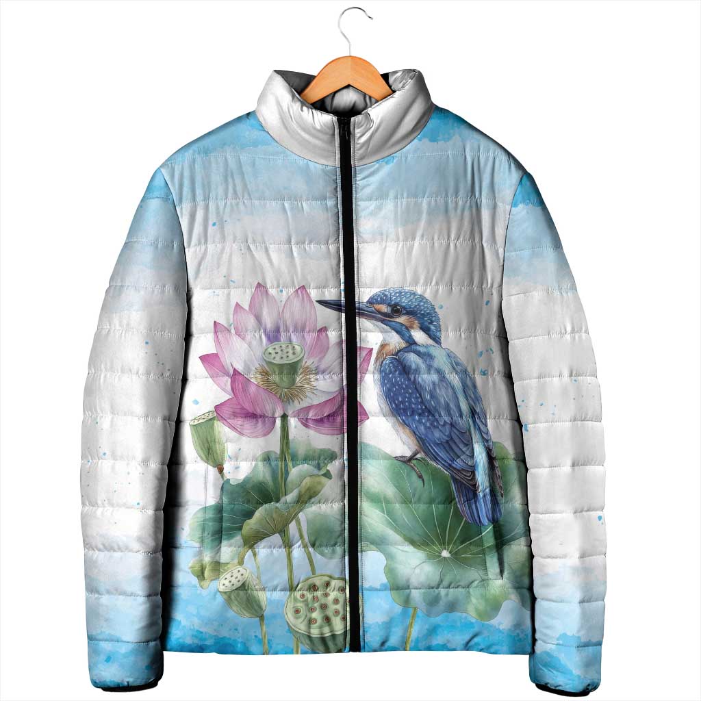 Australia Azure Kingfisher Padded Jacket Ceyx Azureus Sacred Lotus Watercolor - Aussie Hoodie