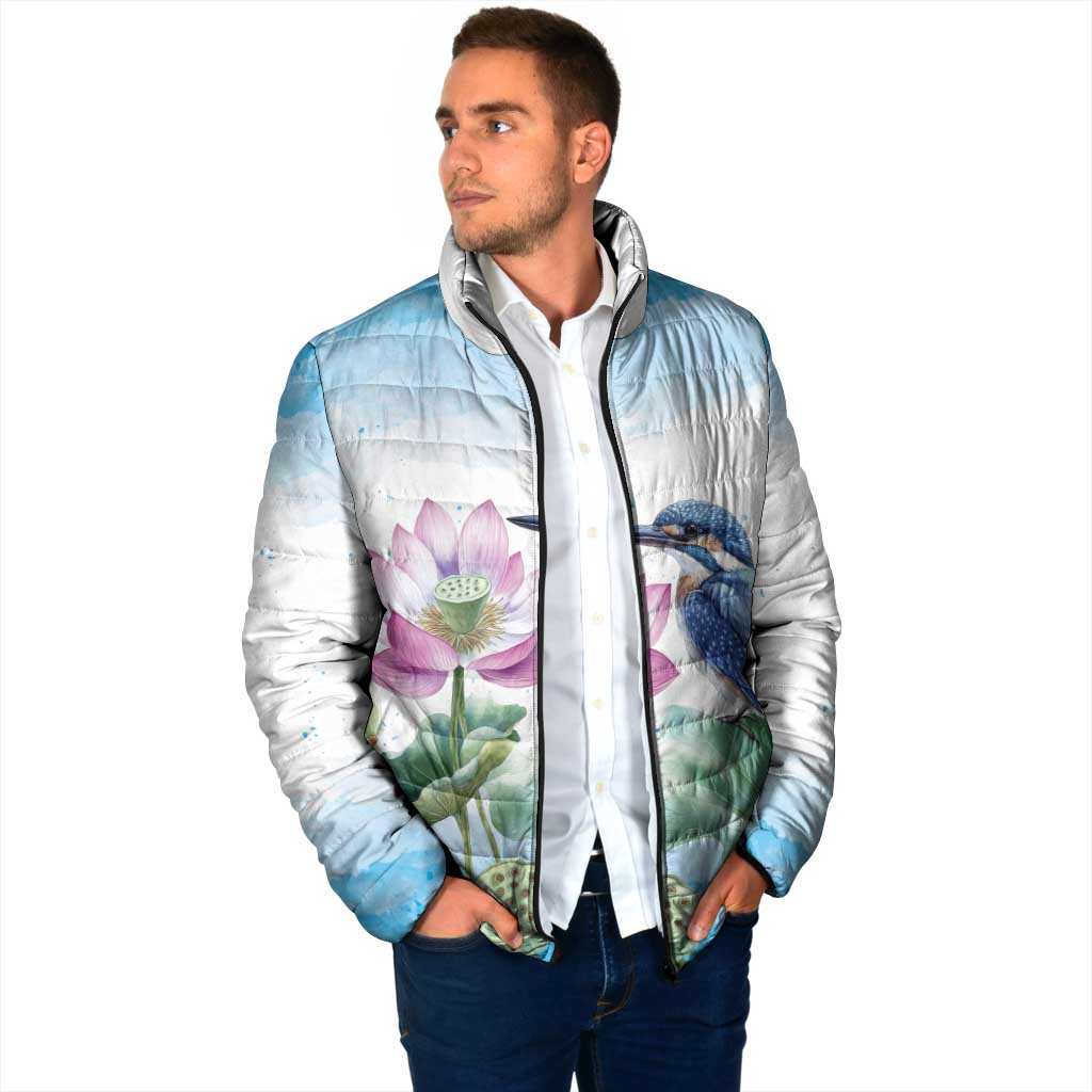 Australia Azure Kingfisher Padded Jacket Ceyx Azureus Sacred Lotus Watercolor - Aussie Hoodie