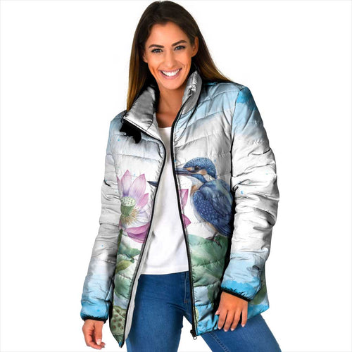 Australia Azure Kingfisher Padded Jacket Ceyx Azureus Sacred Lotus Watercolor - Aussie Hoodie