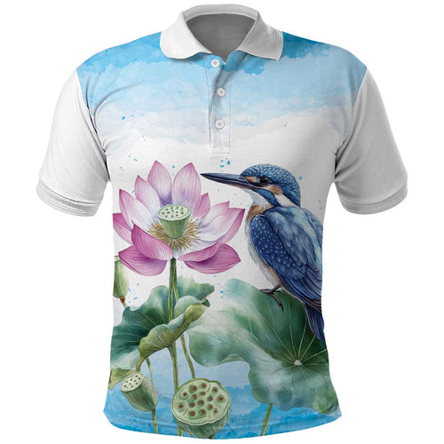 Australia Azure Kingfisher Polo Shirt Ceyx Azureus Sacred Lotus Watercolor - Aussie Hoodie