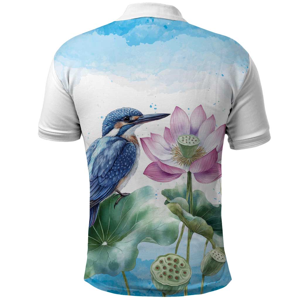 Australia Azure Kingfisher Polo Shirt Ceyx Azureus Sacred Lotus Watercolor - Aussie Hoodie
