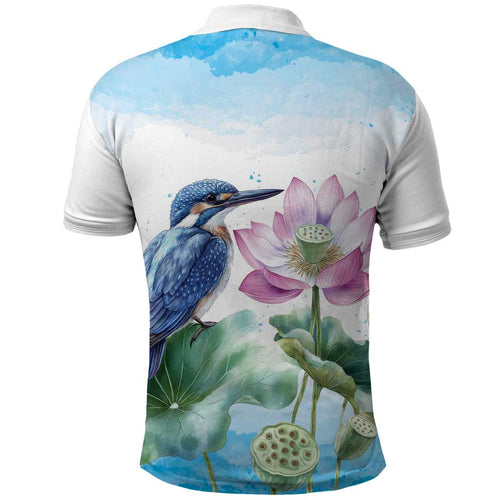Australia Azure Kingfisher Polo Shirt Ceyx Azureus Sacred Lotus Watercolor - Aussie Hoodie
