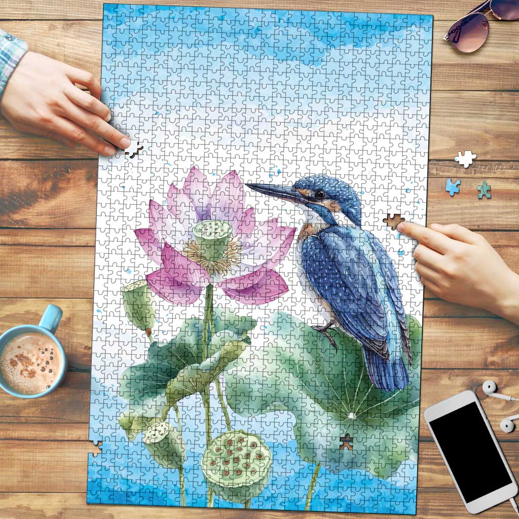 Australia Azure Kingfisher Puzzle Ceyx Azureus Sacred Lotus Watercolor - Aussie Hoodie