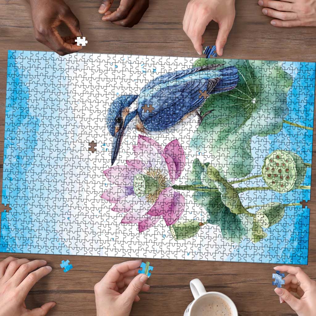 Australia Azure Kingfisher Puzzle Ceyx Azureus Sacred Lotus Watercolor - Aussie Hoodie