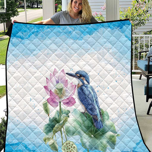 Australia Azure Kingfisher Quilt Ceyx Azureus Sacred Lotus Watercolor - Aussie Hoodie
