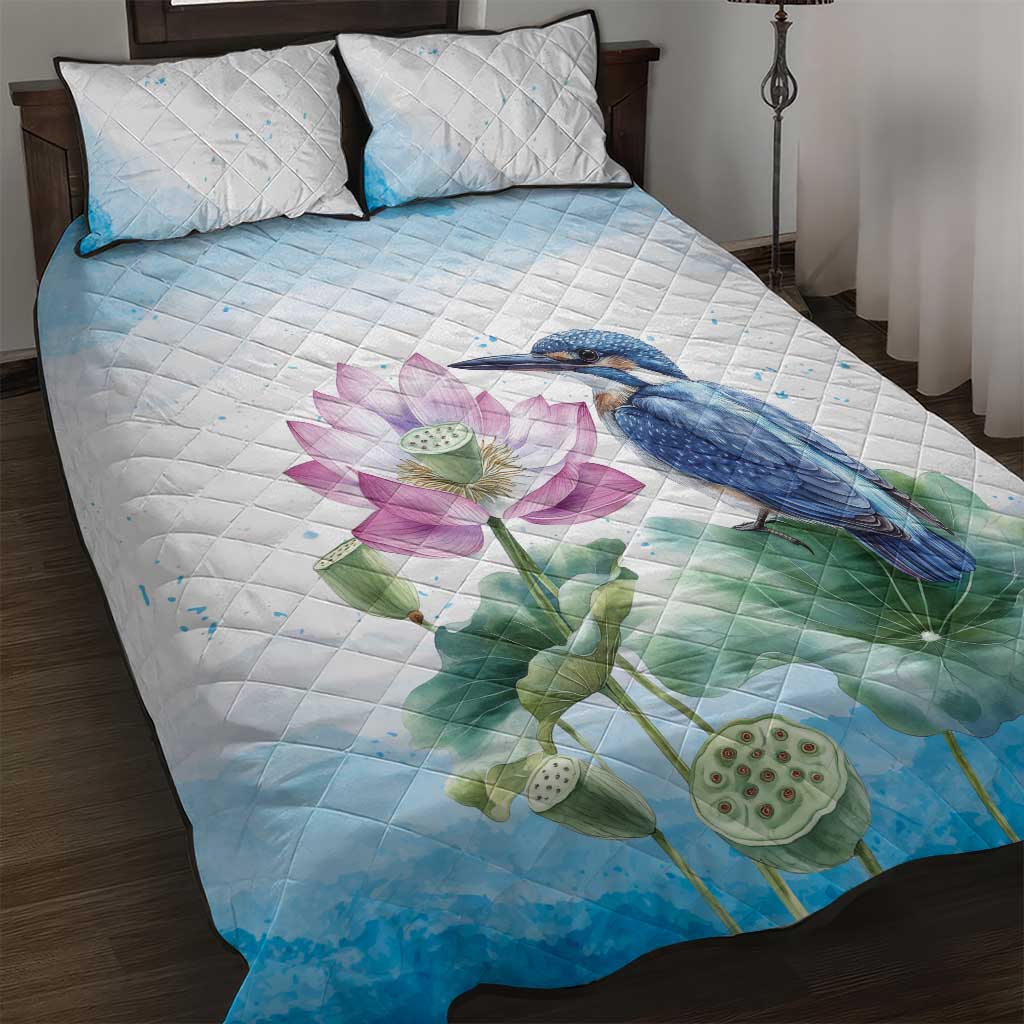 Australia Azure Kingfisher Quilt Bed Set Ceyx Azureus Sacred Lotus Watercolor - Aussie Hoodie