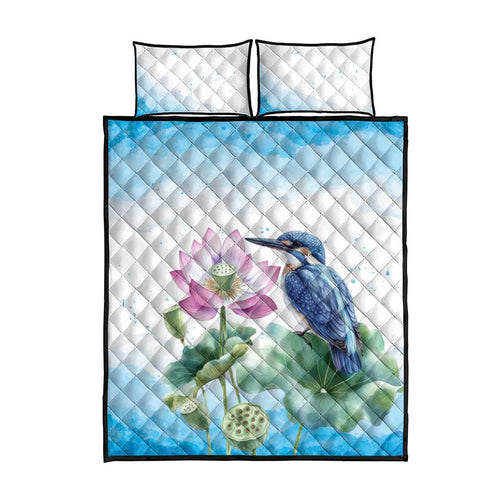 Australia Azure Kingfisher Quilt Bed Set Ceyx Azureus Sacred Lotus Watercolor - Aussie Hoodie