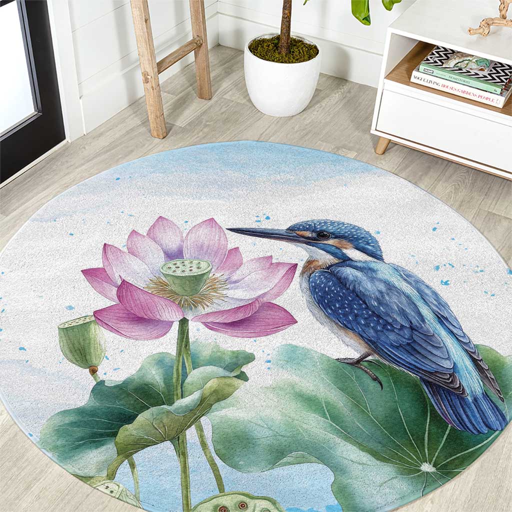 Australia Azure Kingfisher Round Carpet Ceyx Azureus Sacred Lotus Watercolor - Aussie Hoodie
