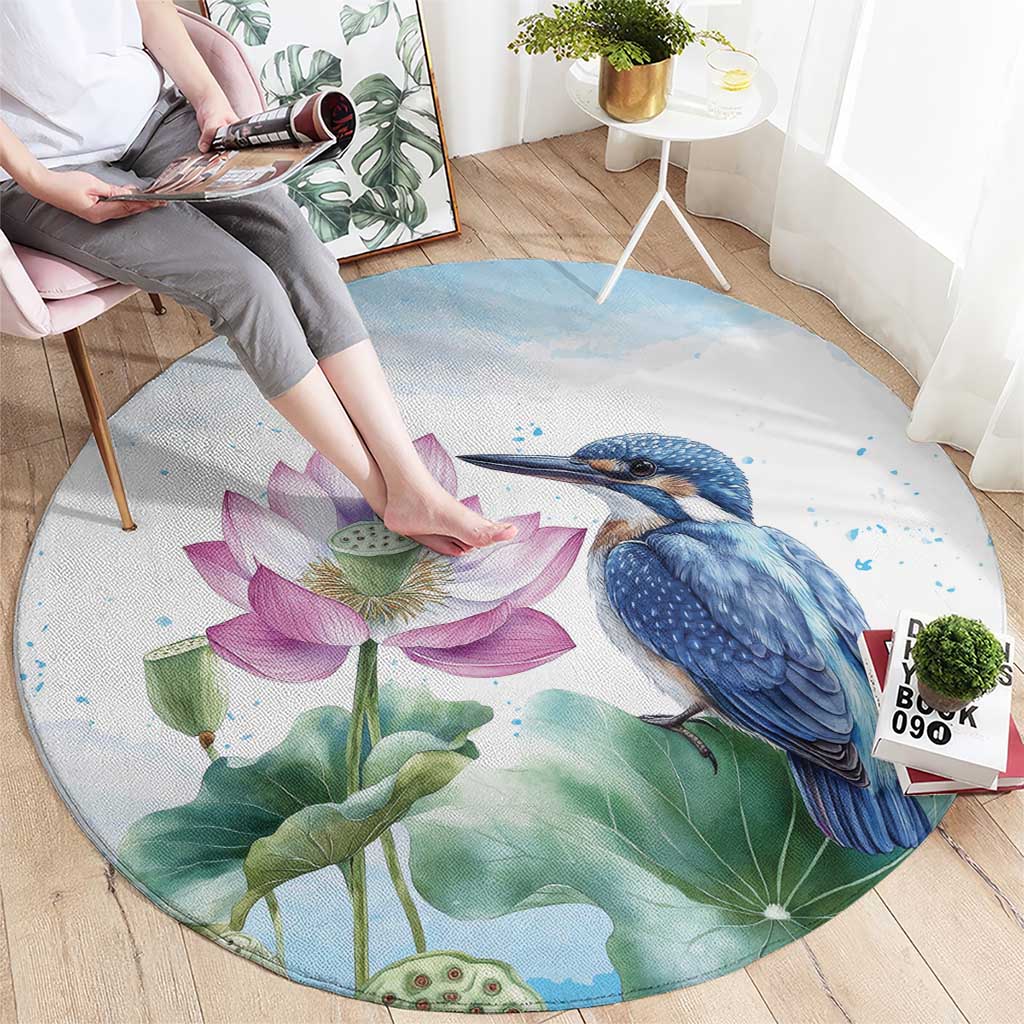 Australia Azure Kingfisher Round Carpet Ceyx Azureus Sacred Lotus Watercolor - Aussie Hoodie