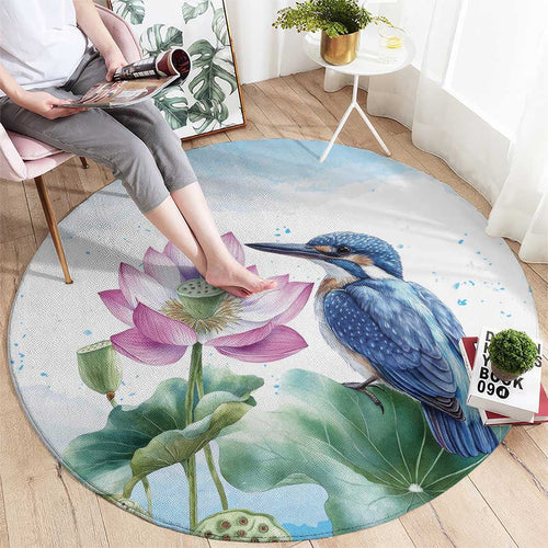 Australia Azure Kingfisher Round Carpet Ceyx Azureus Sacred Lotus Watercolor - Aussie Hoodie