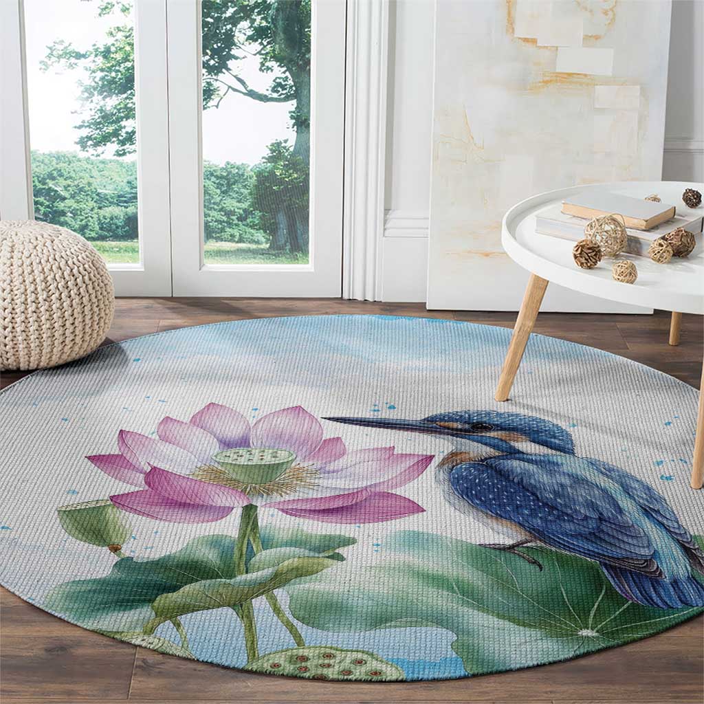 Australia Azure Kingfisher Round Carpet Ceyx Azureus Sacred Lotus Watercolor - Aussie Hoodie