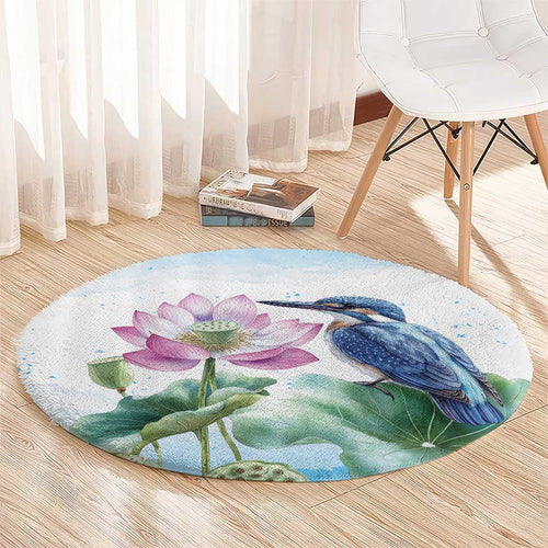 Australia Azure Kingfisher Round Carpet Ceyx Azureus Sacred Lotus Watercolor - Aussie Hoodie