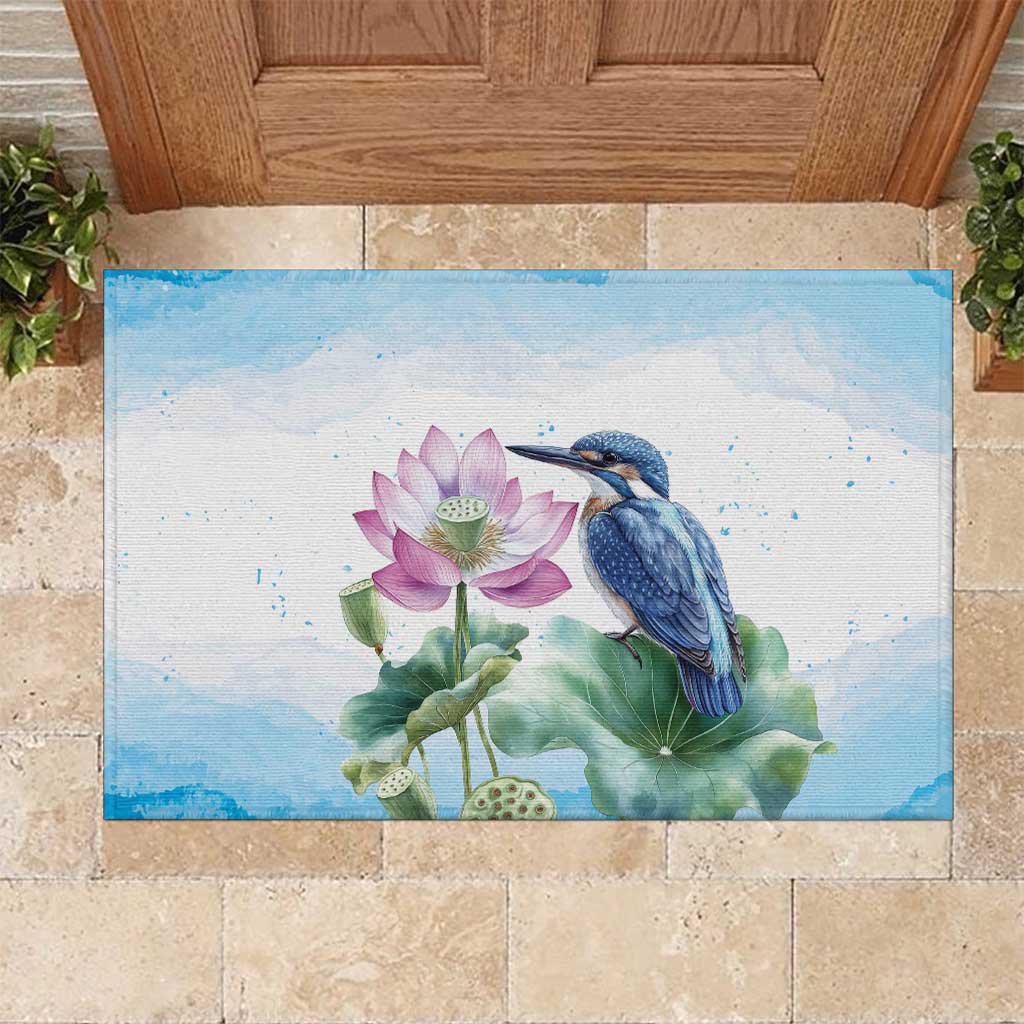 Australia Azure Kingfisher Rubber Doormat Ceyx Azureus Sacred Lotus Watercolor - Aussie Hoodie