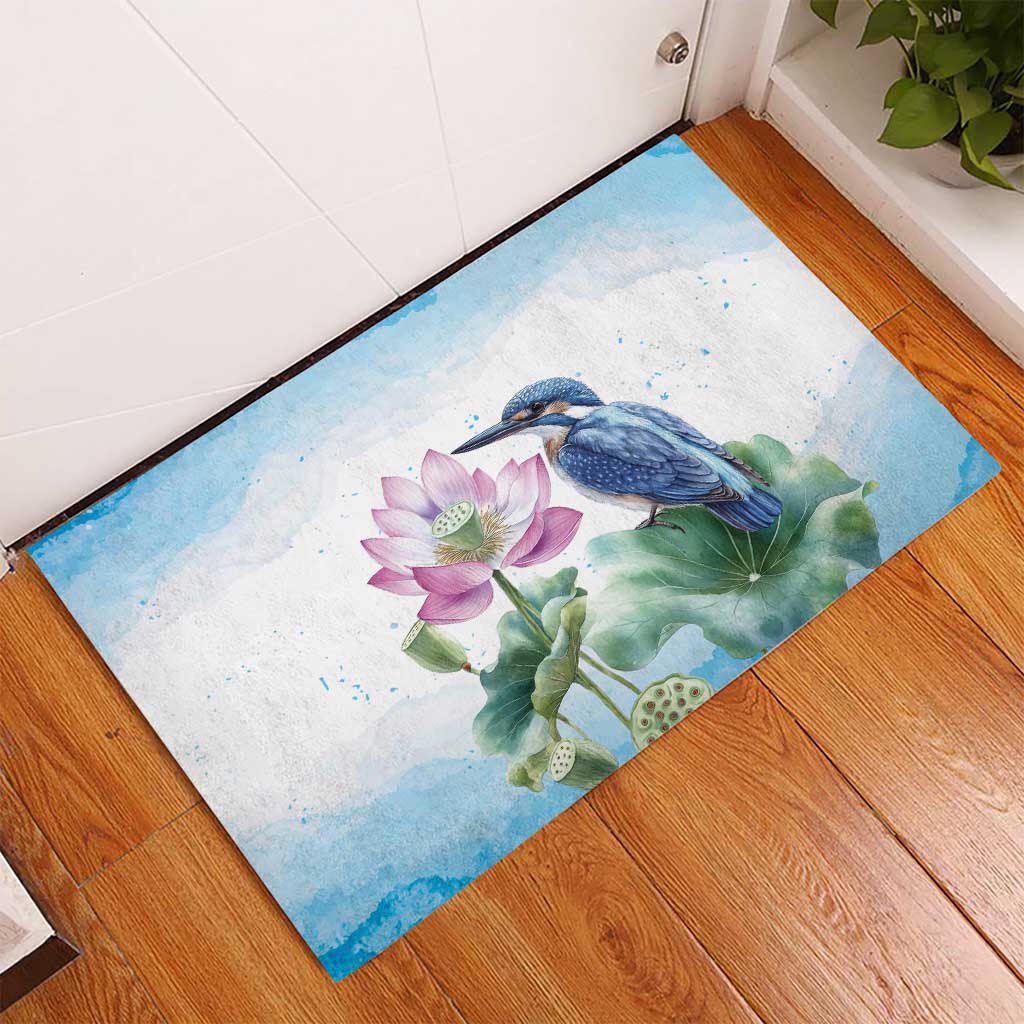 Australia Azure Kingfisher Rubber Doormat Ceyx Azureus Sacred Lotus Watercolor - Aussie Hoodie