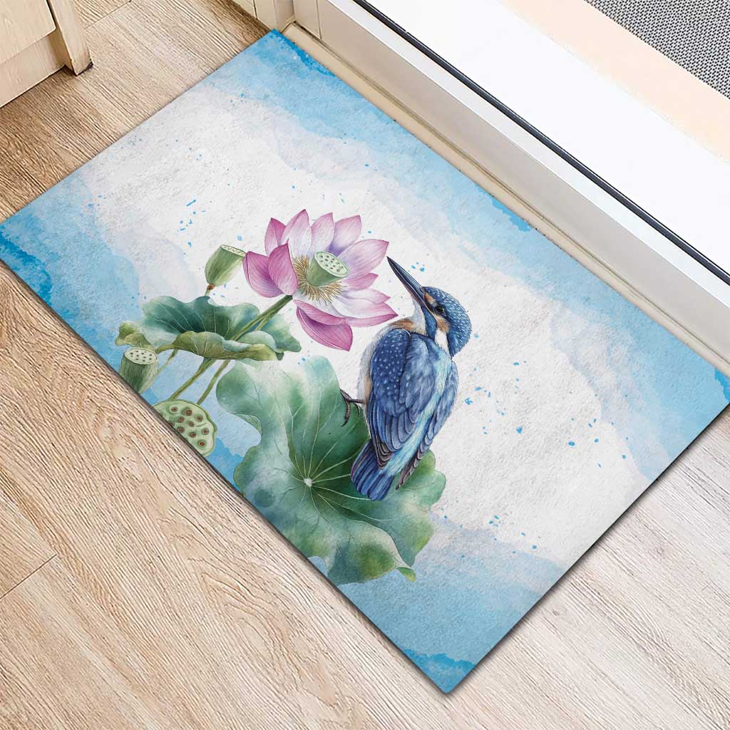 Australia Azure Kingfisher Rubber Doormat Ceyx Azureus Sacred Lotus Watercolor - Aussie Hoodie