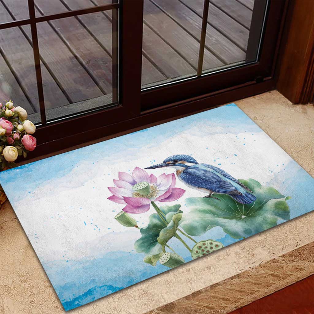 Australia Azure Kingfisher Rubber Doormat Ceyx Azureus Sacred Lotus Watercolor - Aussie Hoodie