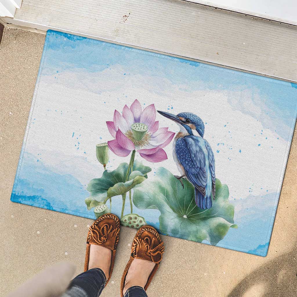 Australia Azure Kingfisher Rubber Doormat Ceyx Azureus Sacred Lotus Watercolor - Aussie Hoodie