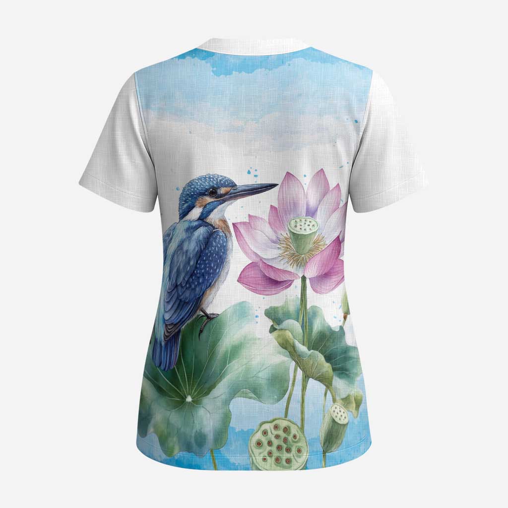Australia Azure Kingfisher Scrub Top Ceyx Azureus Sacred Lotus Watercolor - Aussie Hoodie