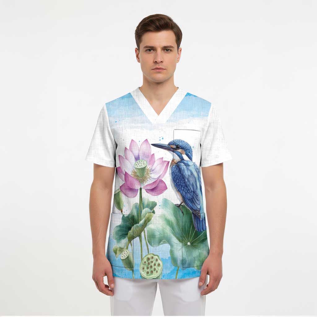 Australia Azure Kingfisher Scrub Top Ceyx Azureus Sacred Lotus Watercolor - Aussie Hoodie