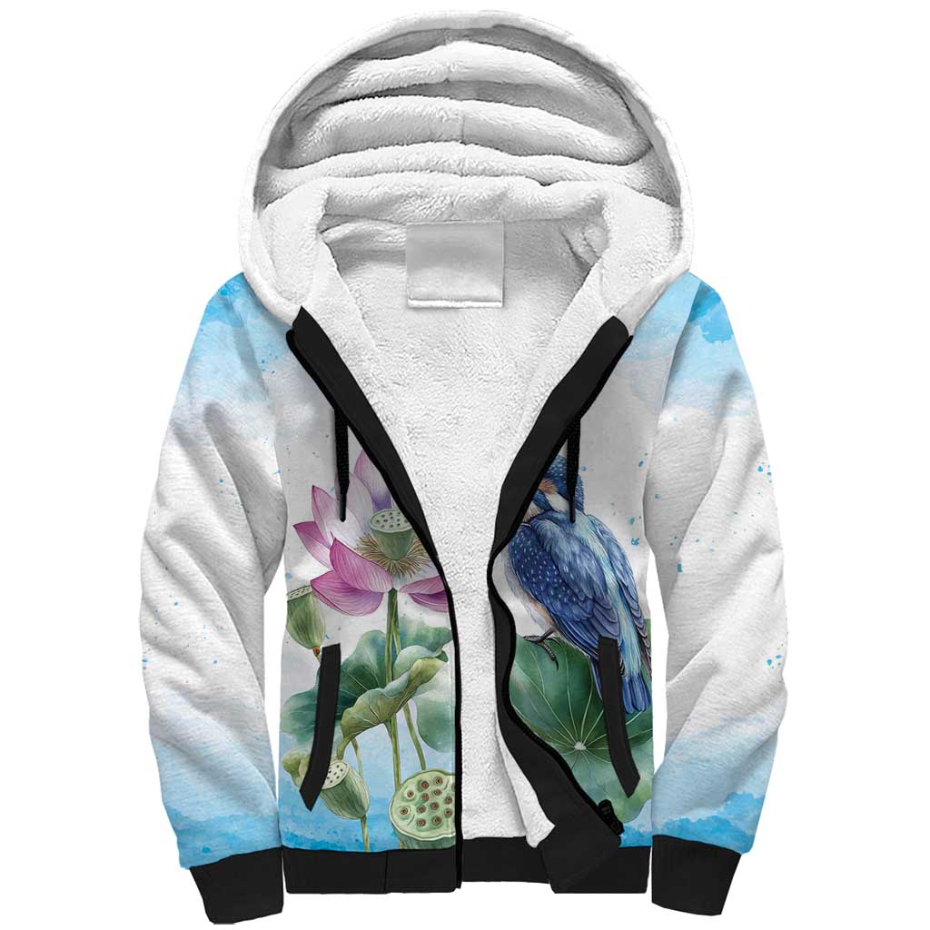 Australia Azure Kingfisher Sherpa Hoodie Ceyx Azureus Sacred Lotus Watercolor - Aussie Hoodie