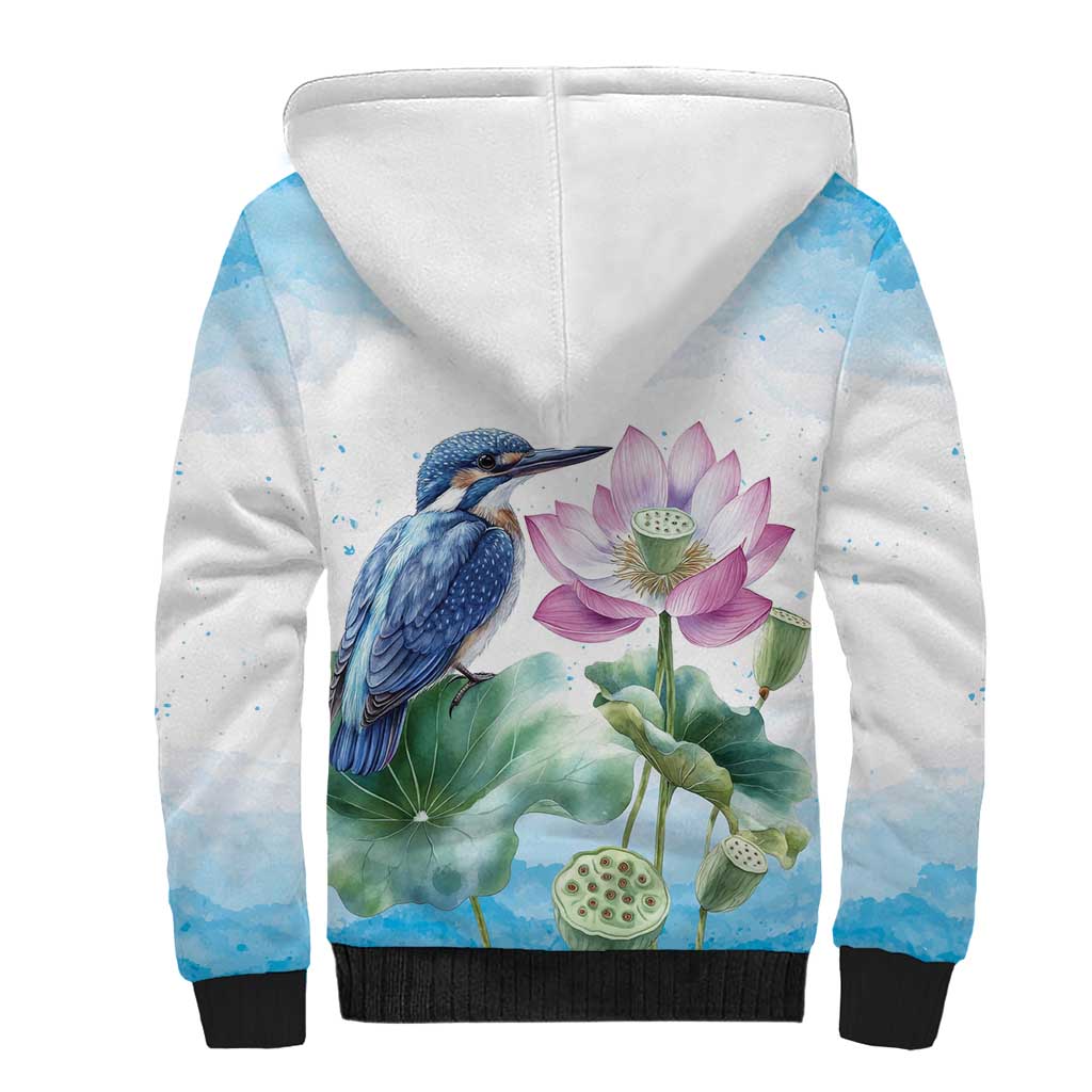 Australia Azure Kingfisher Sherpa Hoodie Ceyx Azureus Sacred Lotus Watercolor - Aussie Hoodie