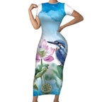 Australia Azure Kingfisher Short Sleeve Bodycon Dress Ceyx Azureus Sacred Lotus Watercolor - Aussie Hoodie
