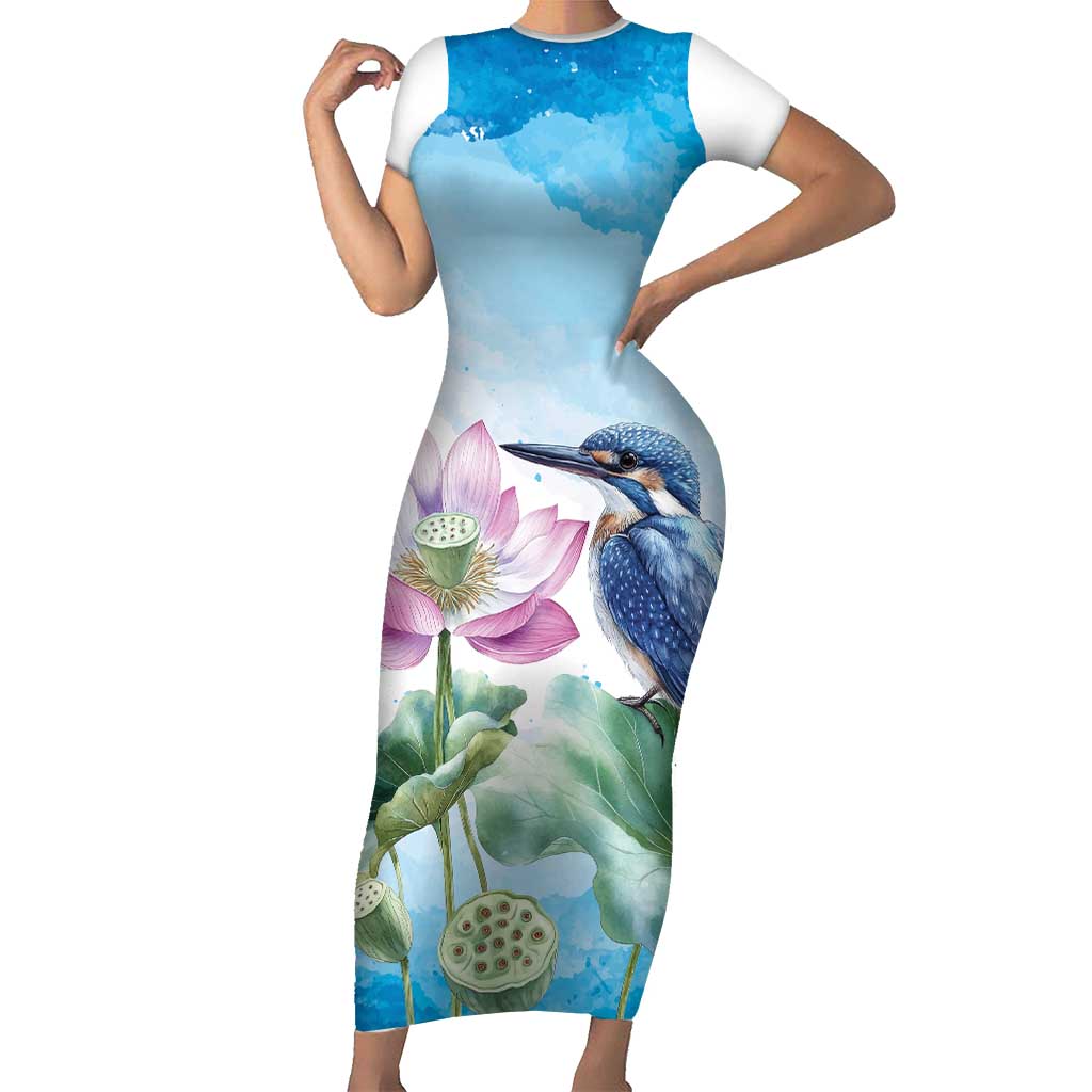 Australia Azure Kingfisher Short Sleeve Bodycon Dress Ceyx Azureus Sacred Lotus Watercolor - Aussie Hoodie