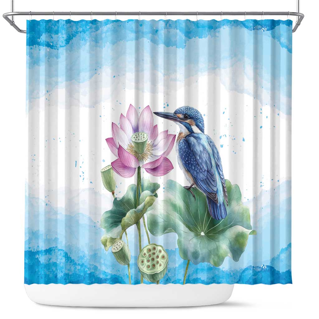 Australia Azure Kingfisher Shower Curtain Ceyx Azureus Sacred Lotus Watercolor - Aussie Hoodie