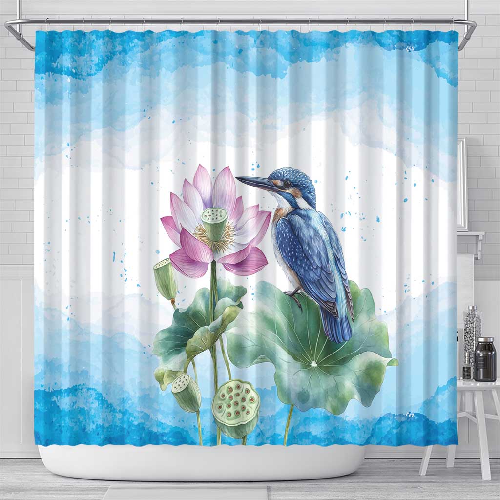 Australia Azure Kingfisher Shower Curtain Ceyx Azureus Sacred Lotus Watercolor - Aussie Hoodie