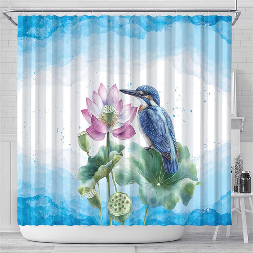 Australia Azure Kingfisher Shower Curtain Ceyx Azureus Sacred Lotus Watercolor - Aussie Hoodie