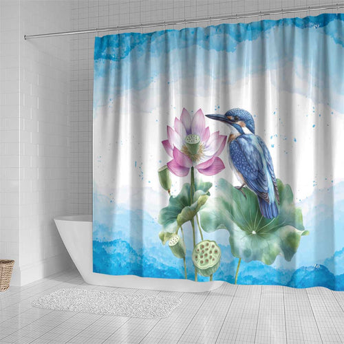 Australia Azure Kingfisher Shower Curtain Ceyx Azureus Sacred Lotus Watercolor - Aussie Hoodie