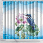 Australia Azure Kingfisher Shower Curtain Ceyx Azureus Sacred Lotus Watercolor - Aussie Hoodie