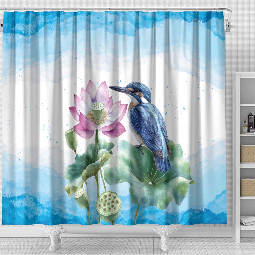 Australia Azure Kingfisher Shower Curtain Ceyx Azureus Sacred Lotus Watercolor - Aussie Hoodie