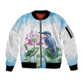 Australia Azure Kingfisher Sleeve Zip Bomber Jacket Ceyx Azureus Sacred Lotus Watercolor - Aussie Hoodie