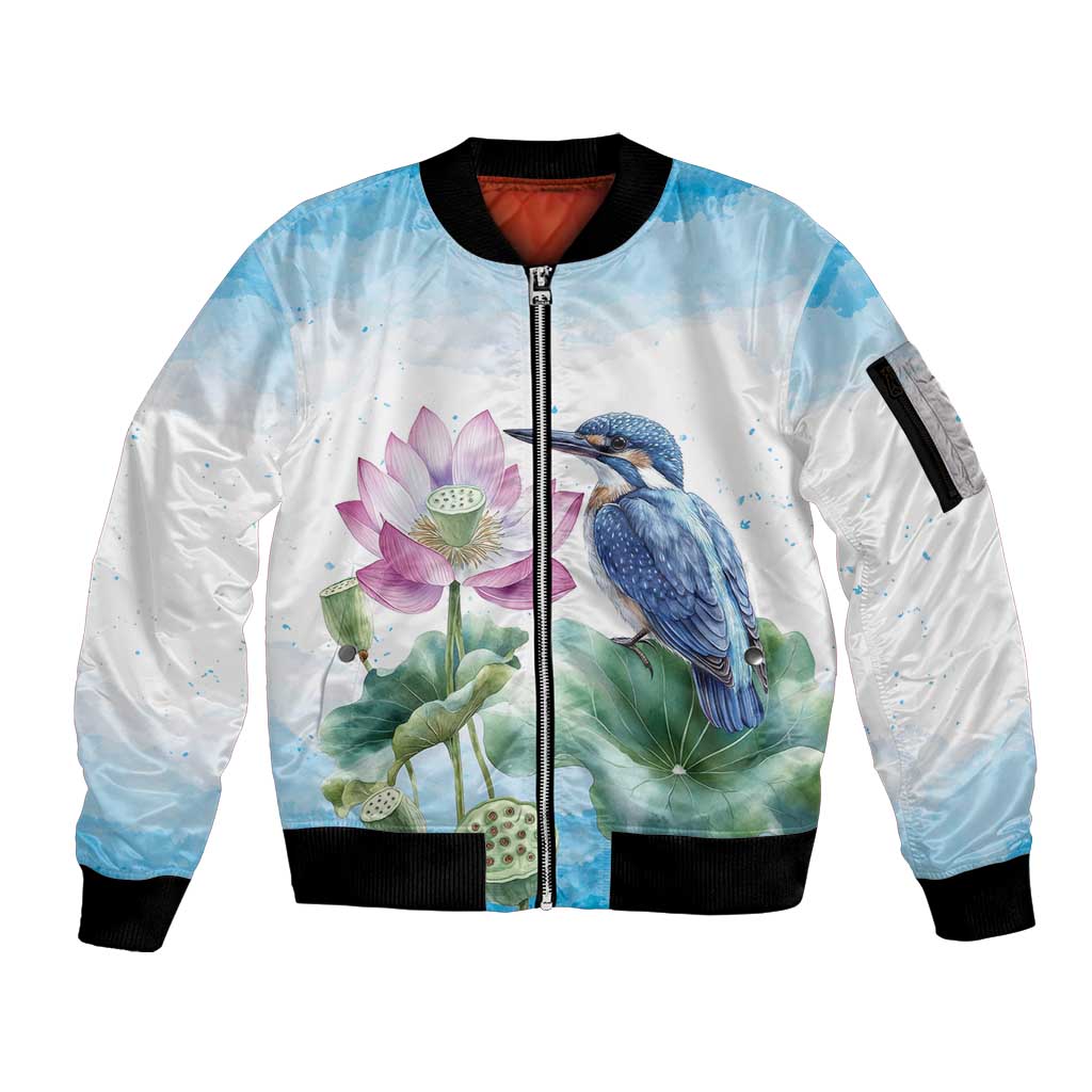 Australia Azure Kingfisher Sleeve Zip Bomber Jacket Ceyx Azureus Sacred Lotus Watercolor - Aussie Hoodie