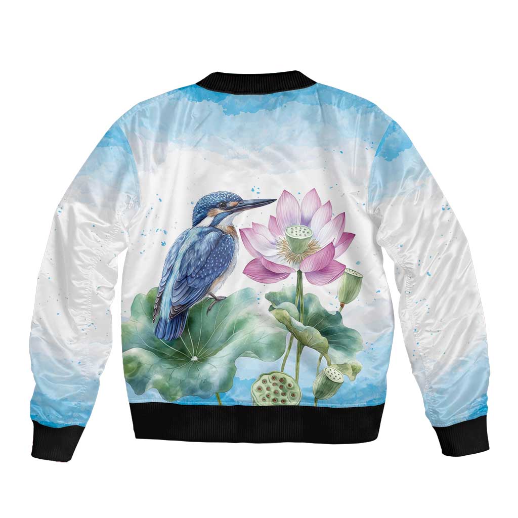 Australia Azure Kingfisher Sleeve Zip Bomber Jacket Ceyx Azureus Sacred Lotus Watercolor - Aussie Hoodie