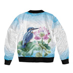 Australia Azure Kingfisher Sleeve Zip Bomber Jacket Ceyx Azureus Sacred Lotus Watercolor - Aussie Hoodie